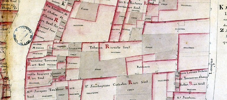 Plans géométriques (...) de la rente noble de l'abbaye royalle de Saint-Pierre, détail de la feuille 16, 1755-1756.