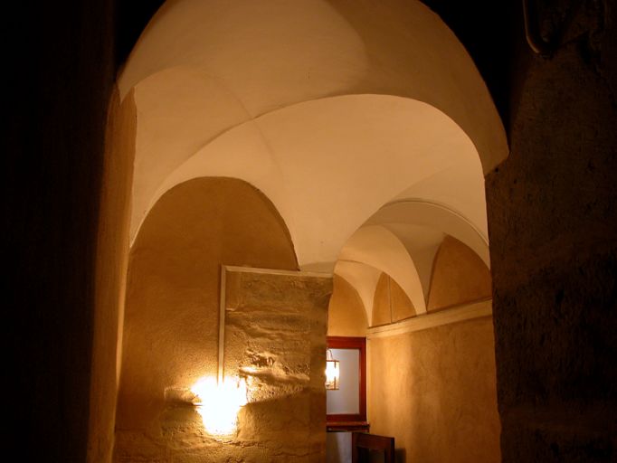 Voûtes de l'allée et du palier, vue prise depuis les premières marches de l'escalier.
