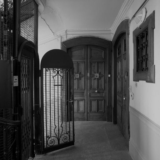Escalier, portes parlières du 5e étage et porte de l'ascenseur.