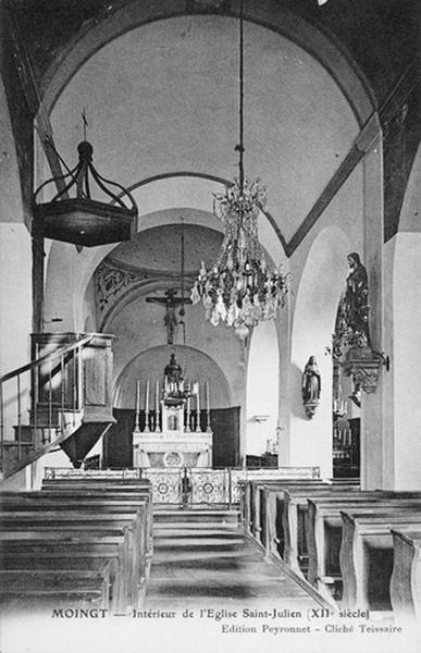 Moingt.- Intérieur de l'église Saint-Julien (XIIe siècle). Teissaire photographe, 2ème moitié 20e siècle.