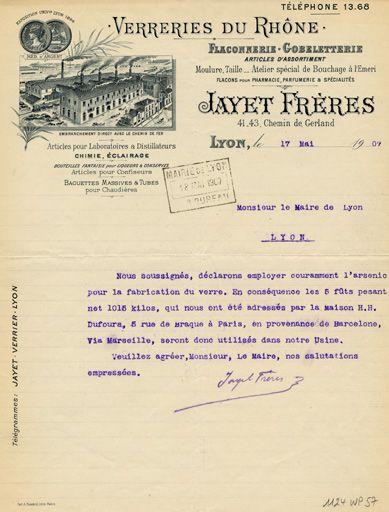 Papier en-tête de la verrerie Jayet (AM Lyon 1124 WP 57) (1907)