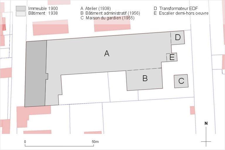 Plan d'ensemble, localisation des ateliers (d'après le cadastre de Lyon 1999)