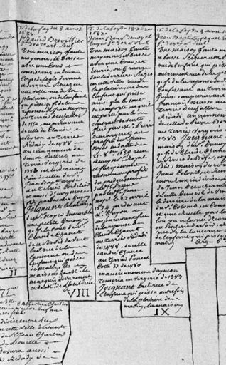 Carte adaptée à Lyon, (...) faite sur le terrier de Lafay de 1687, détail des deux anciennes parcelles.