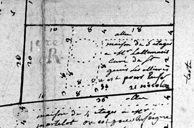 Plan-masse avant les transformations du 19e siècle, détail du Plan à Lyon, parroisse de la Platière, (...). Rente du prieuré de la Platière. Levé en 1755.