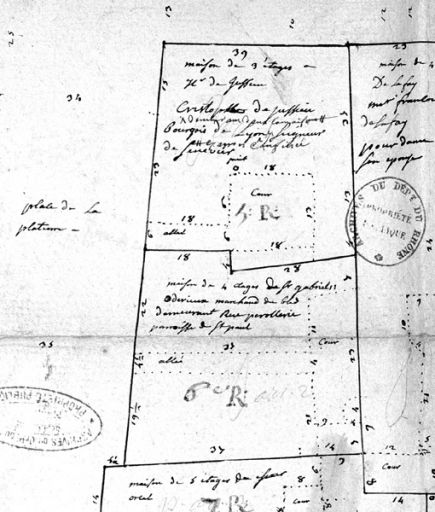 Plan à Lyon, parroisse de la Platière, (...). Rente du prieuré de la Platière. Levé en 1755, détail (la parcelle concernée est en bas).
