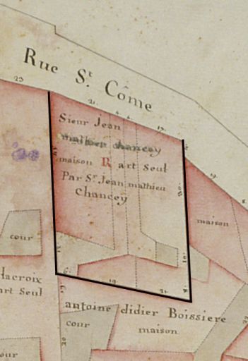 Plan-masse des deux anciens immeubles, extrait de : Plans géométriques (...) de la rente noble de labbaye royalle de Saint-Pierre, 1755-1756, feuille 20.