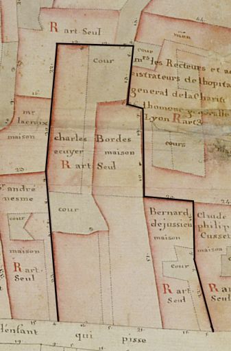 Plan-masse des deux anciens immeubles, extrait de : Plans géométriques (...) de la rente noble de labbaye royalle de Saint-Pierre, 1755-1756, feuille 20.
