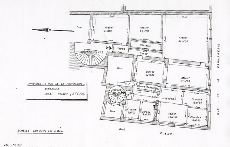 Immeuble - 3 rue de la Fromagerie - 2ème étage. Local : Poiret [plan du bâtiment sur la rue de la Fromagerie], 1974.