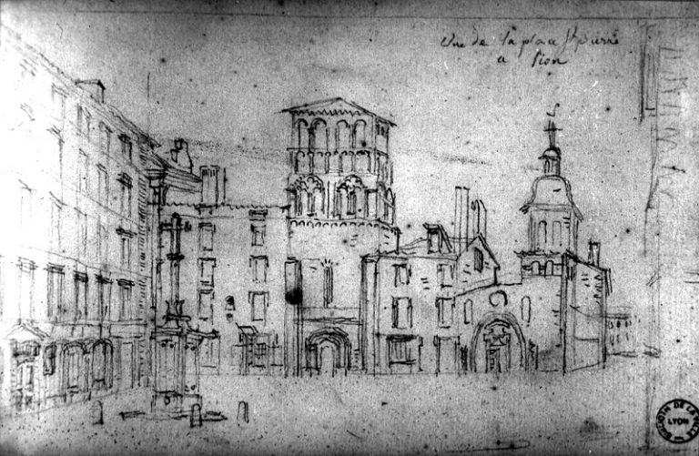 Vue de la place St-Pierre à Lion [avec la fontaine à pompe], dessin entre 1775 et 1779.