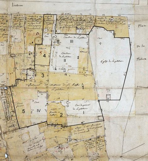 Plan-masse d'après le plan de la rente du prieuré de la Platière, 1756, détail.