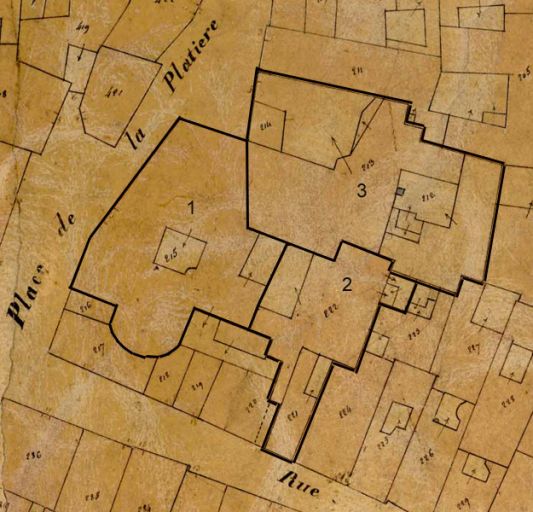 Plan-masse de l'ancien prieuré avec, en surcharge, le tracé des trois lots de la vente de 1792, extrait du plan cadastral de 1831, section F.