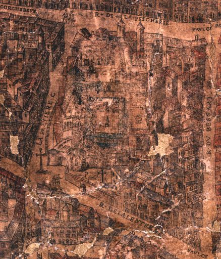 Plan scénographique, entre 1544 et 1553, détail du prieuré d'après le document original.