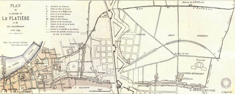 Plan de la paroisse de la Platière et de son morcellement vers 1790, restitution par André Steyert, ca 1900.
