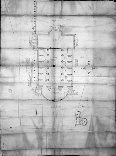 Plan de l'église de Saint-Nizier [et des échoppes bordant le cimetière le long de la place de la Fromagerie], ca 1654-1657.