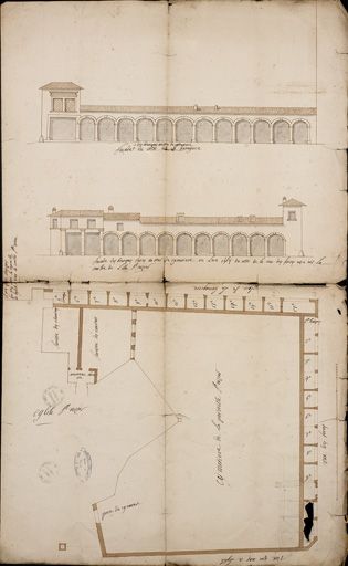 Plan et élévations des boutiques construites en 1564 autour du cimetière, ca 1661.