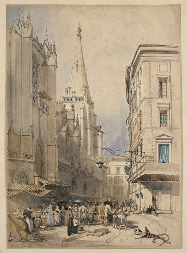 Lyons Church of St Nizier [vue générale de la place et de la rue de la Fromagerie], lithographie par James Duffield Harding, 1832.