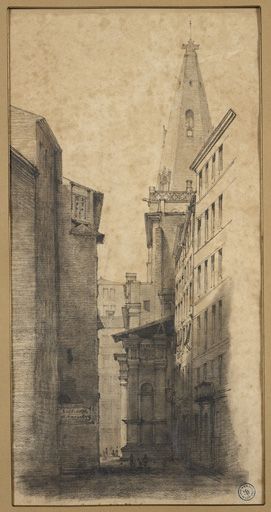 Lyon. St-Nizier. Vue prise de l'ancienne rue des Trois-Carreaux, dessin par Laurent Hippolyte Leymarie, 1837.