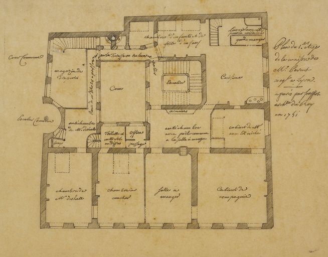 Plan du 1er étage de la maison de M. Parent négociant à Lyon, copie d'après Soufflot, 1751.