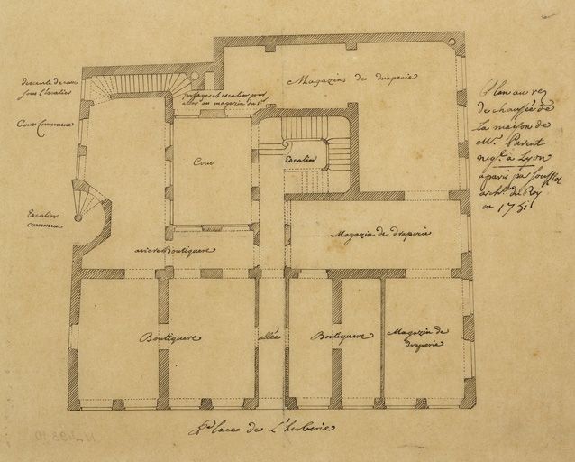 Plan au rez de chaussée de la maison de M. Parent négociant à Lyon, copie d'après Soufflot, 1751.