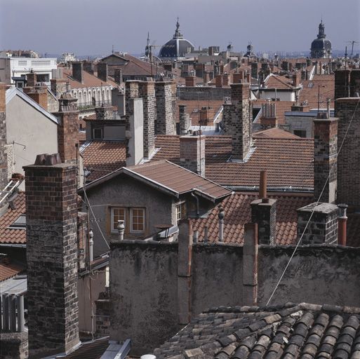 Toit du bâtiment sur rue et pavillon d'escalier vus depuis le haut de la collégiale Saint-Nizier.