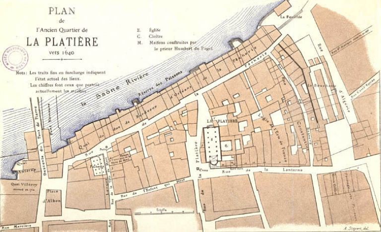 Plan de l'Ancien Quartier de la Platière vers 1640, restitution par A. Steyert, ca 1900.