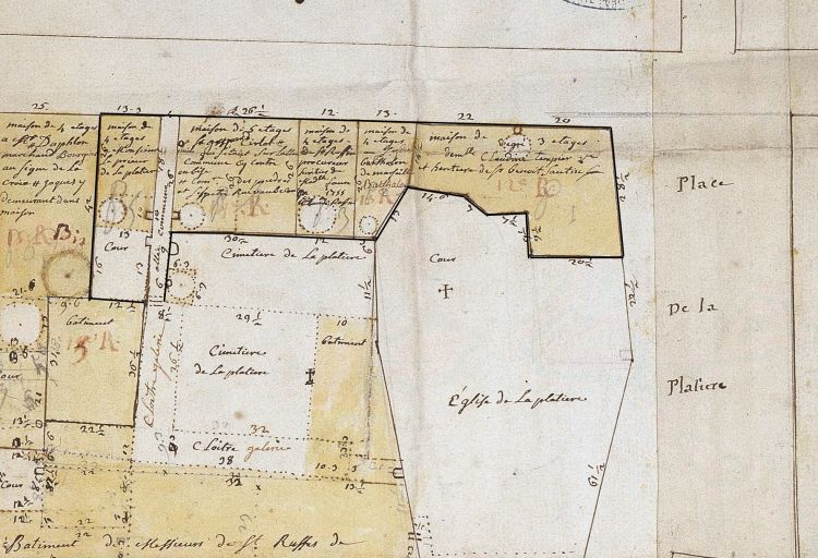 Plan-masse d'après le plan de la rente du prieuré de la Platière, 1756.