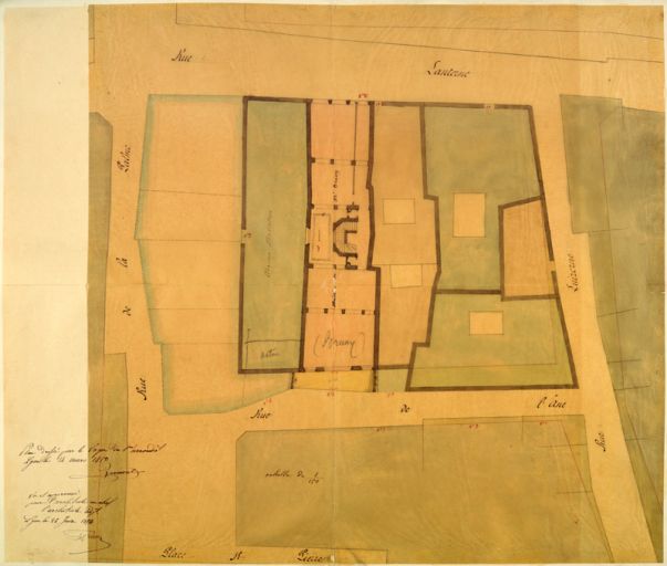 Plan du projet d'alignement de la rue de la Palme (Platière) et de l'Ane (Valfenière), par Vermorel architecte voyer, 1853.