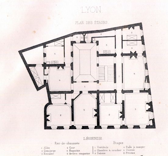 Maison d'habitation rue St-Pierre (...) Plan des étages, par F. Barqui. Dans : L'architecture moderne en France, 1871, pl. 108.