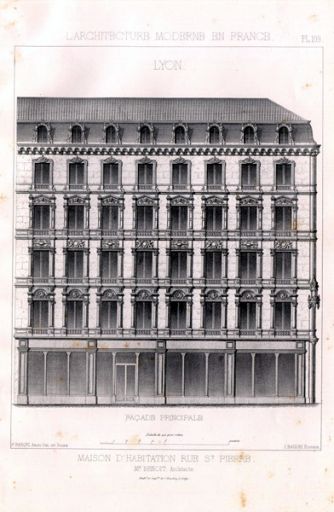 Maison d'habitation rue St-Pierre (...) Façade principale, par F. Barqui. Dans : L'architecture moderne en France, 1871, pl. 109.