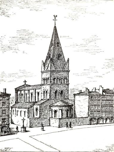Vue de l'église côté de l'abside et vue des immeubles construits pour le prieuré. Restitution d'un état supposé au 17e siècle, estampe par André Steyert, ca 1900.