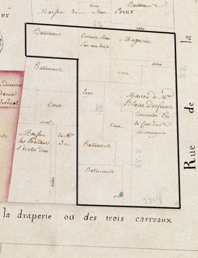 Plan-masse des immeubles 5, rue de Brest et 3, rue de la Poulaillerie, extrait des Plans de la rente de Saint-Nizier, 1776, détail de la feuille 5.