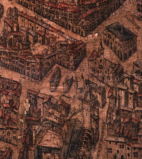 Vue de la place, détail du Plan scénographique, entre 1544 et 1553, feuille 12.