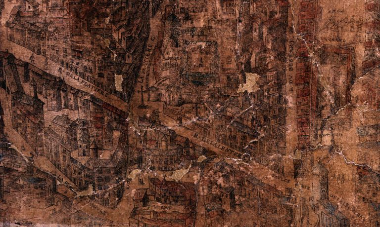 Vue générale des deux rues, extraite du Plan scénographique, entre 1544 et 1553, feuille 13.