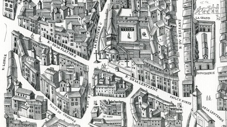 Vue générale des deux rues, extraite du Plan scénographique (copie de 1872), entre 1544 et 1553, feuille 13.