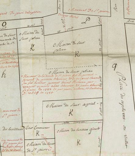 Plan-masse des anciens immeubles (maisons du sieur Agniel et du sieur Poteau), détail d'un plan terrier du prieuré de la Platière, ca 1700-1719.