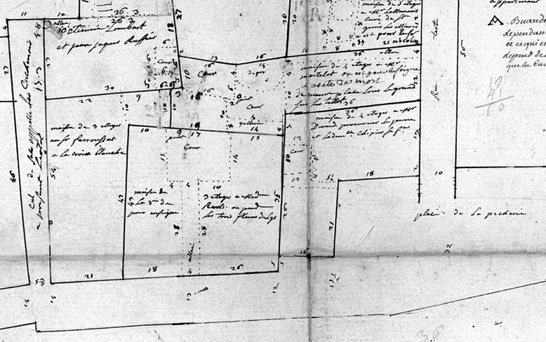 Plan-masse des immeubles occupant l'emplacement des actuels 11 et 12, quai Pêcherie, détail du plan terrier du prieuré de la Platière levé en 1755.