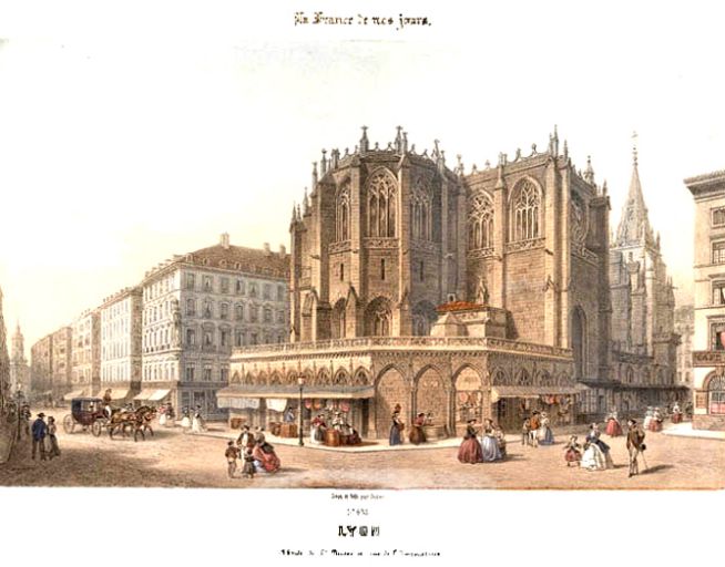 Lyon. Abside de St-Nizier et rue de l'Impératrice, lithogr. par Deroy, ca 1865.