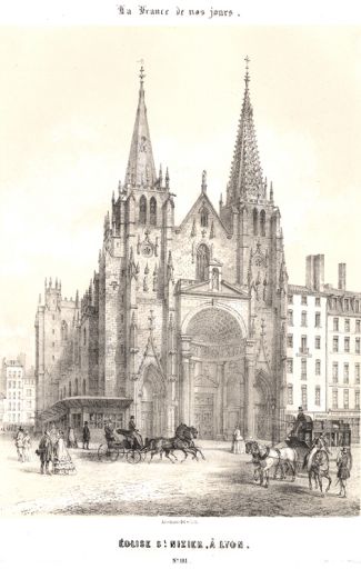 Eglise Saint-Nizier, à Lyon (projet d'achèvement de la façade), lithogr. par Asselineau, ca 1860-1865.