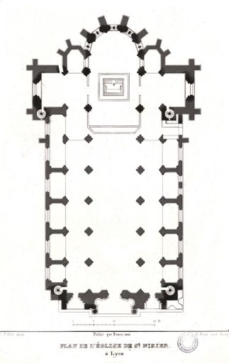 Plan de l'église de St-Nizier à Lyon, estampe par Hubert Roux d'après Jean-Marc Pollet, entre 1824 et 1839.