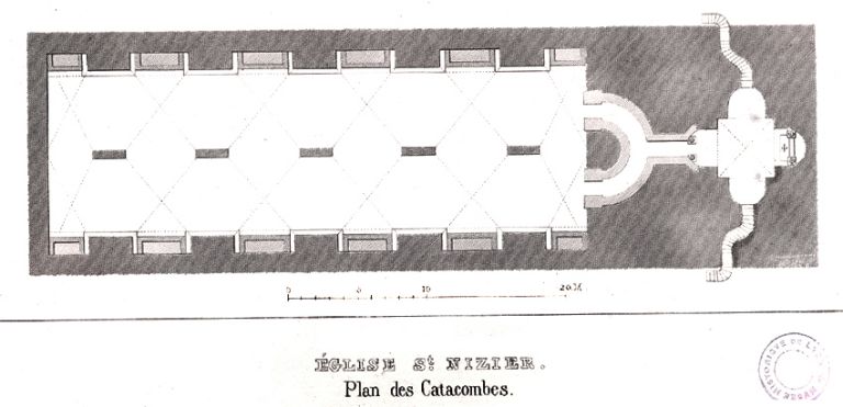 Eglise St-Nizier. Plan des catacombes [cryptes], d'après Jean-Marc Pollet, entre 1824 et 1839.