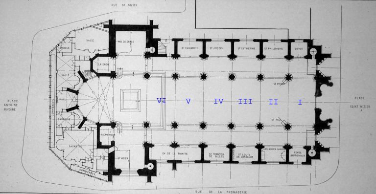 Plan de l'église, par Jean-Gabriel Mortamet, échelle originale 1 : 100, octobre 1986 (le nord est en bas).