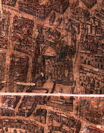 Vue générale du cimetière, extraite du plan scénographique réalisé entre 1543 et 1554, assemblage des feuilles 12 et 17.