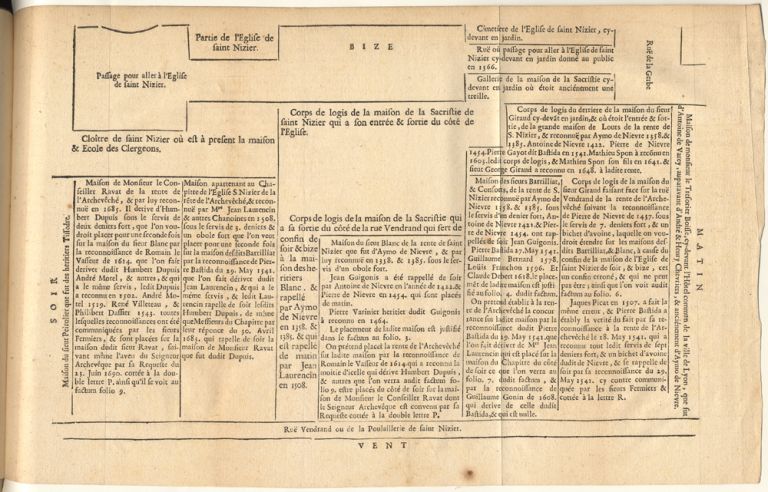 Schéma localisant les constructions et les espaces autour de la partie orientale de l'ancien cloître (dans l'angle en haut à gauche), 1687.