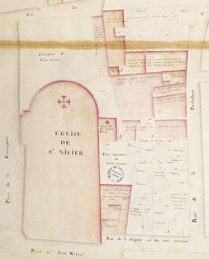 Plan-masse de l'ancien cloître devenu le petit cimetière, extrait des Plans de la rente de Saint-Nizier, 1776, détail de la feuille 5.