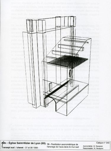 Restitution axonométrique de l'ancrage de l'aula dans le mur sud du transept, relevé par N. Reveyron. Dans : Rapport de fouille, 1999, p. 57.