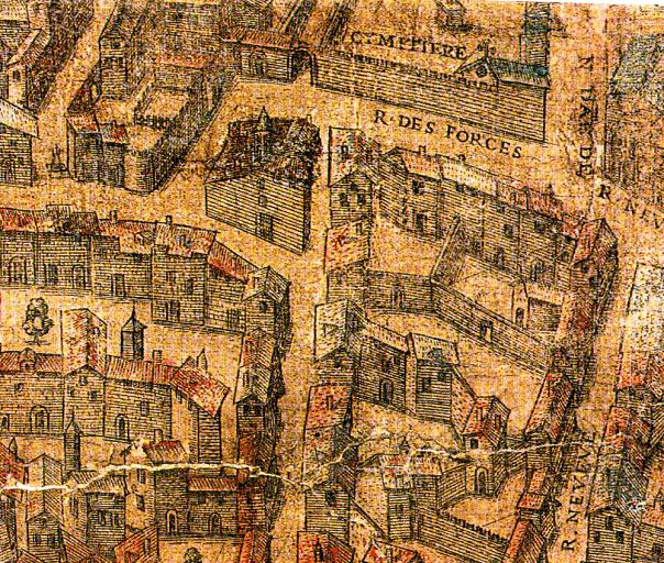 Vue générale des anciennes maisons canoniales, détail du Plan scénographique, entre 1544 et 1553, feuille 17.