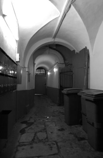 Vue générale de l'allée vers l'entrée et du passage à travers la petite cour.