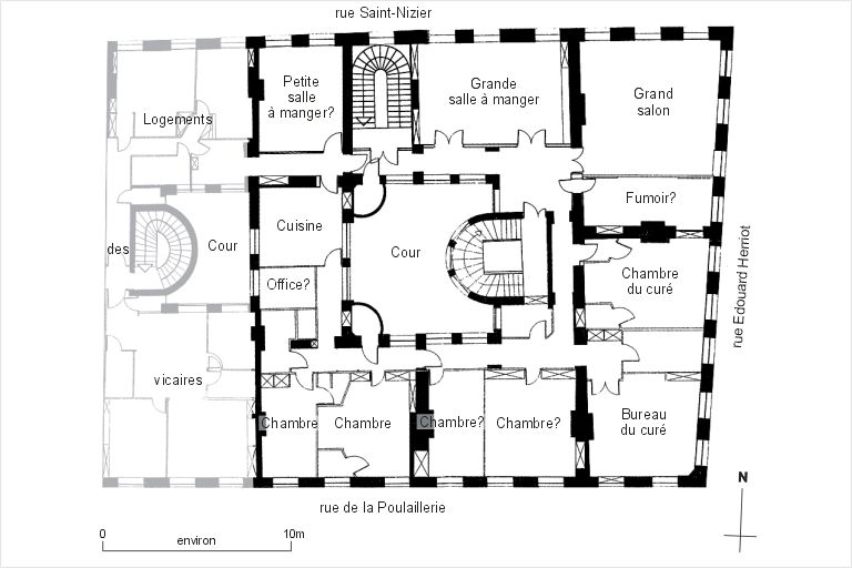 Plan de l'ancien appartement du curé au 1er étage avec essai de restitution de la fonction des pièces, d'après un relevé au 1 : 100e, 2003 (A paroissiales Saint-Nizier).