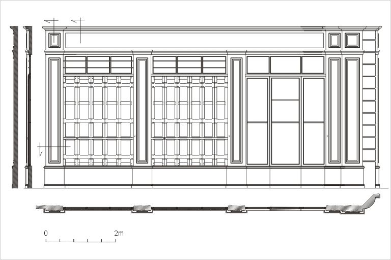 Elévation de la devanture sur la rue Pléney, d'après un relevé photogrammétrique par A. Bensaci, 2005.