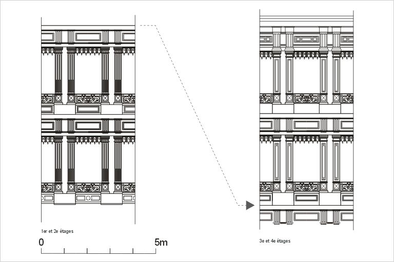 Elévation de la façade principale, détails, d'après un relevé photogrammétrique par A. Bensaci, 2003.